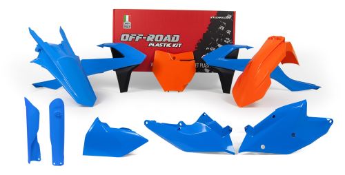 Sada plastů KTM (speciální edice Troy Lee Designs), RTECH (modro-oranžovo-černá, 7 dílů, vč. chráničů vidlic)